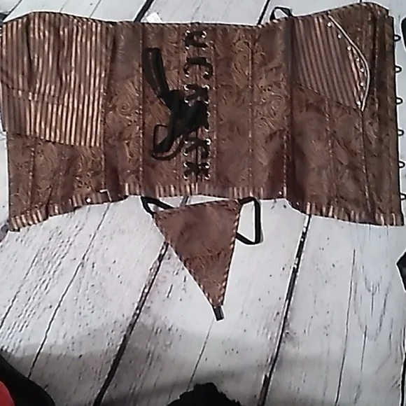 Steampunk Retro Brocade Victorian striped Corset Golden Brown - Picture 16 of 16